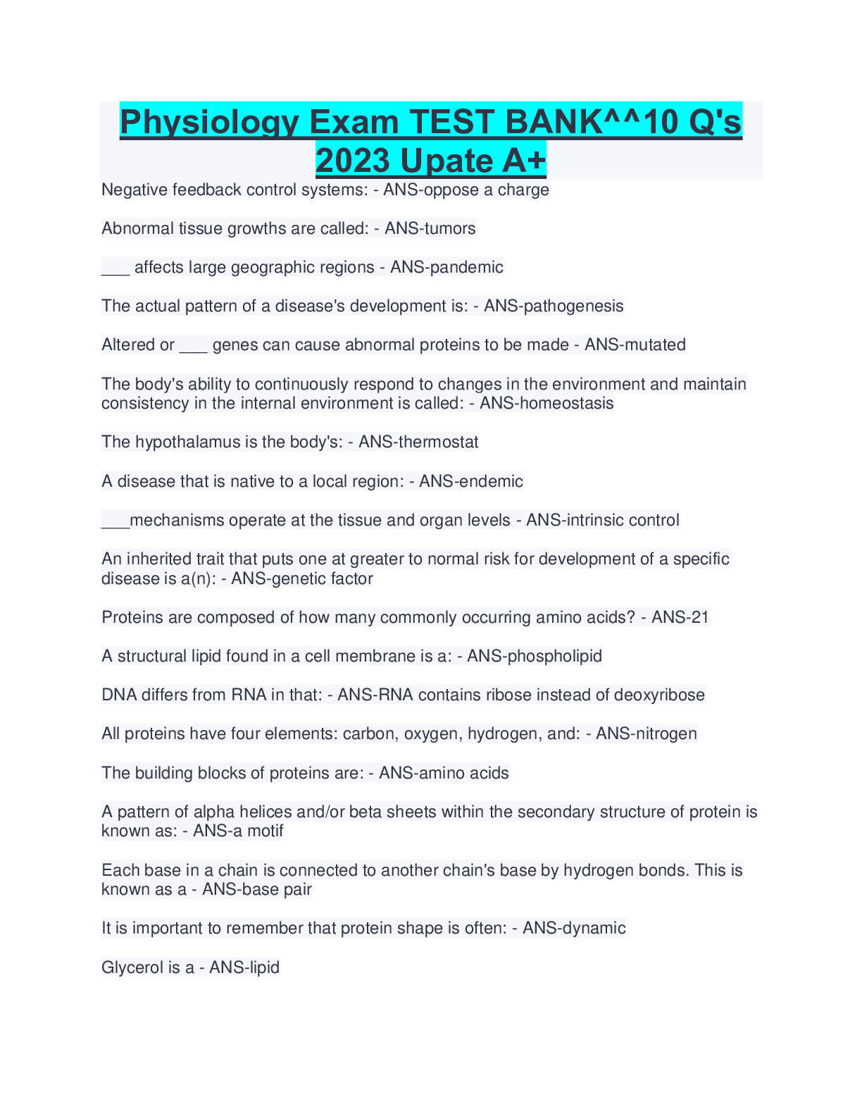Preview image for Physiology Exam TEST BANK^^10 Q's 2023 Upate A+